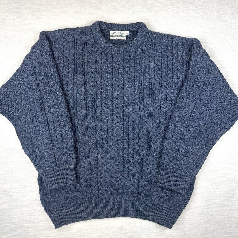 Vtg Arancrafts 100% Wool Fisherman Knit‎ Sweater Crewneck Men Large Blue Gorp